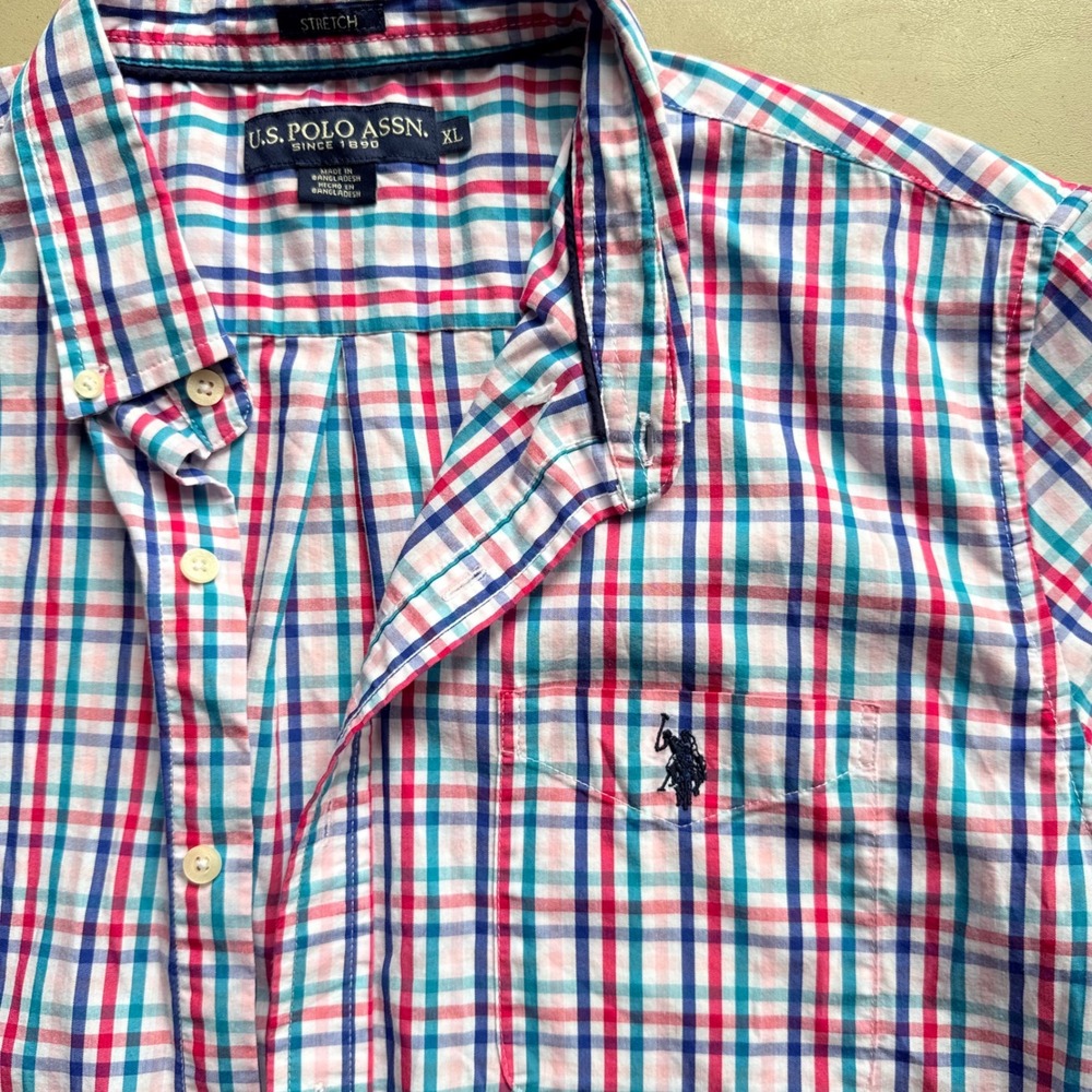 U.S. Polo Assn Button Down Shirt Mens XL Plaid Short Sleeve Stretch preppy horse - Picture 3 of 8